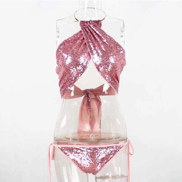 NEW! Pink Sequin Halter Bikini - from our boutique - Picture 3 of 7